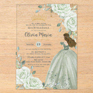 Sage Grünes Blumenprinzessinnenkleid Quinceañera Q Acryleinladungen