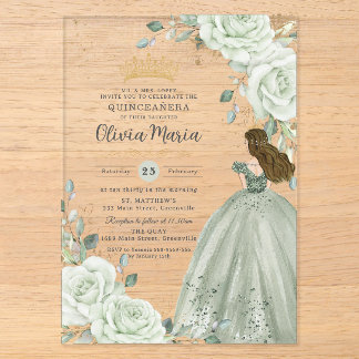 Sage Grünes Blumenprinzessinnenkleid Quinceañera Q Acryleinladungen
