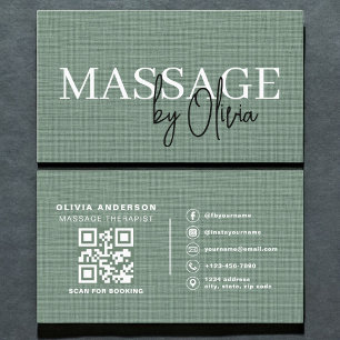 Sage-Grünes-Leinen-Massagetherapeut-QR-Code Visitenkarte