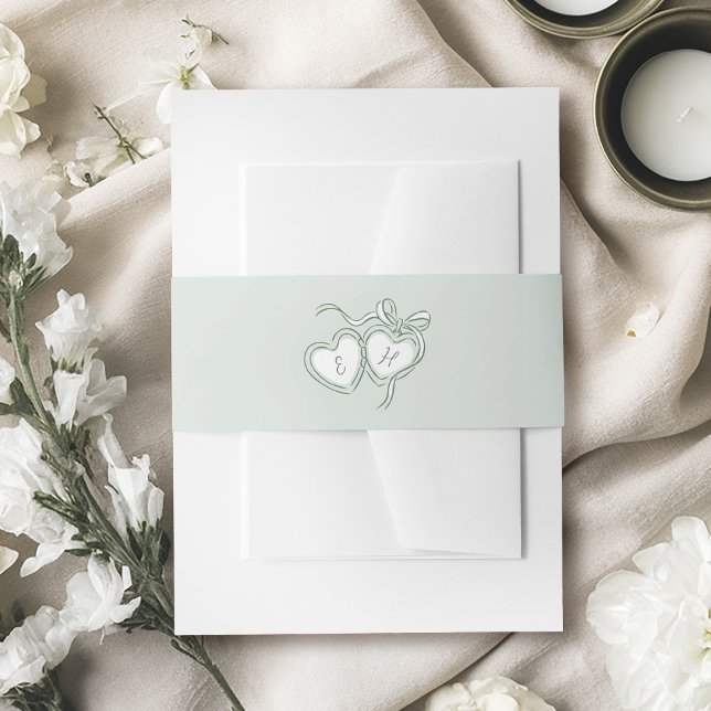 Sage Hand Drawn Hearts Monogram Whimsical Wedding Einladungsbanderole (Sage Hand Drawn Hearts Monogram Whimsical Wedding Invitation Belly Band)