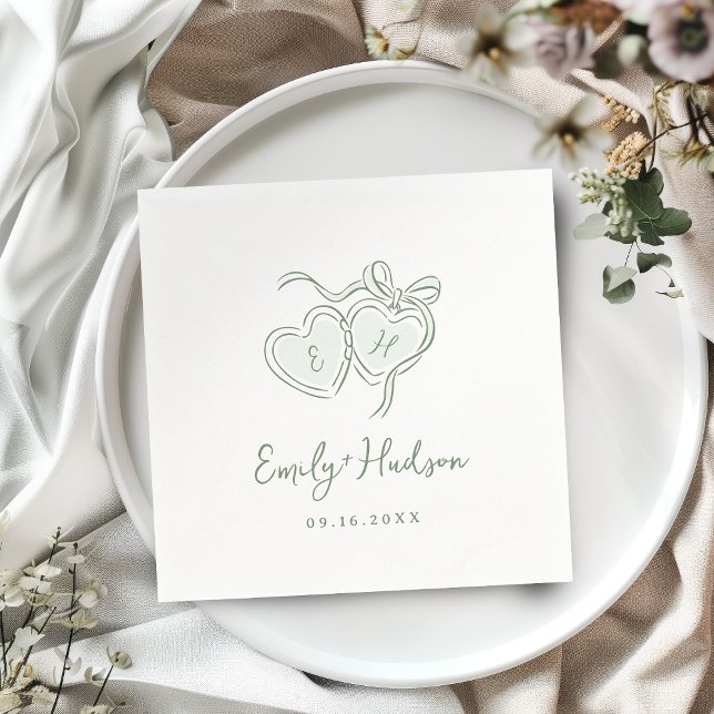 Sage Hand Drawn Hearts Monogram Whimsical Wedding Serviette (Sage Hand Drawn Hearts Monogram Whimsical Wedding Napkins)