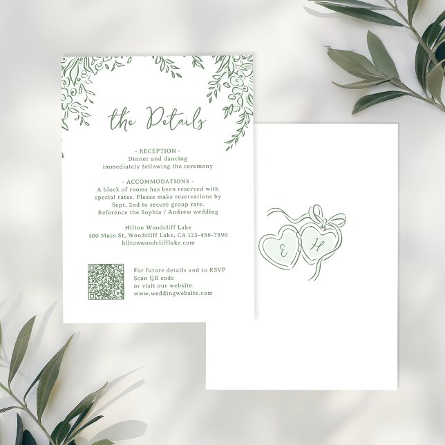 Sage Hand Drawn Monogram Whimsical Wedding Details Mitteilungskarte (Sage Hand Drawn Monogram Whimsical Wedding Details Note Card)