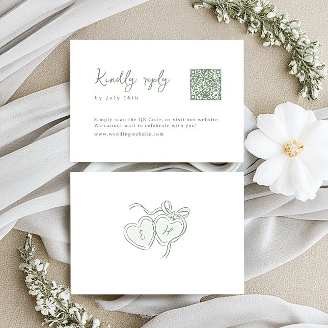 Sage Hand Drawn Monogram Whimsical Wedding QR code RSVP Karte (Sage Hand Drawn Monogram Whimsical Wedding QR code RSVP Card)