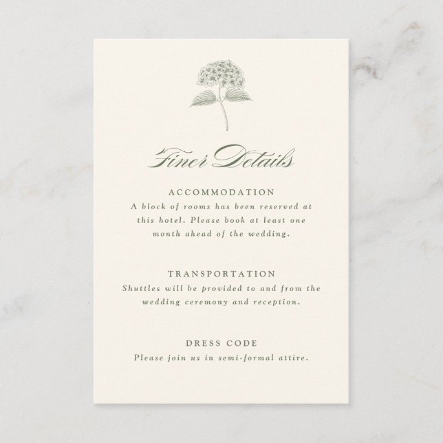 Sage Hydrangea Vintage Wedding Details Begleitkarte (Vorderseite)