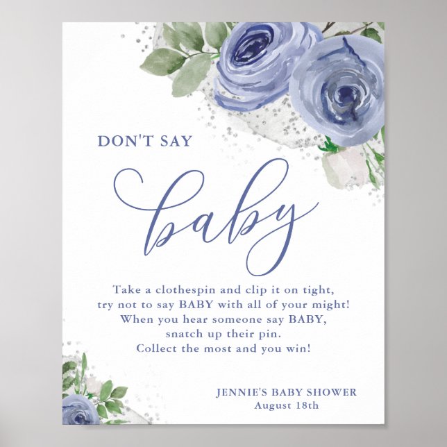 Sage kein Baby Blue Silver Floral Baby Shower Game Poster (Vorne)