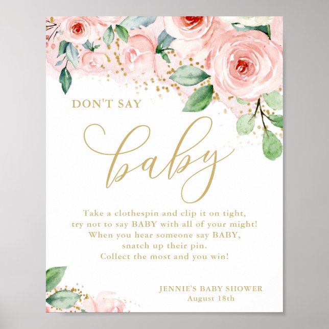 Sage kein Baby Pink & Gold Floral Baby Shower Game Poster (Vorne)