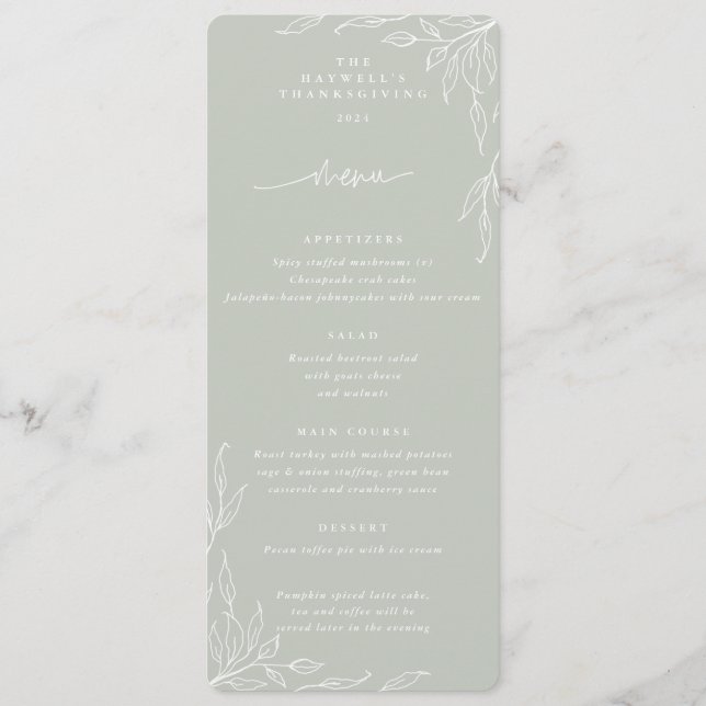 Sage Leaf Motif Erntedank Abendessen Wohnung 4 Gan Menükarte (Vorderseite)