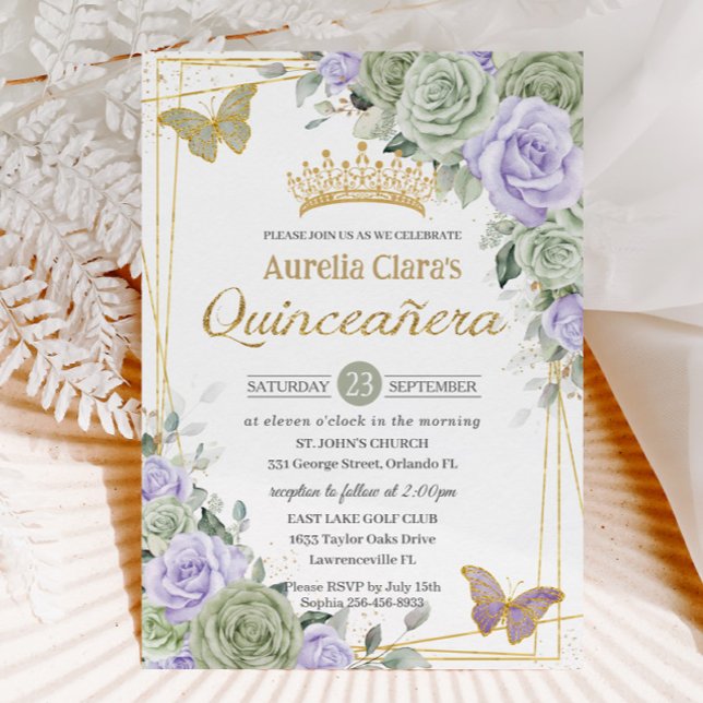 Sage Lila Floral Butterfliegen Gold Quinceanera Einladung (Von Creator hochgeladen)