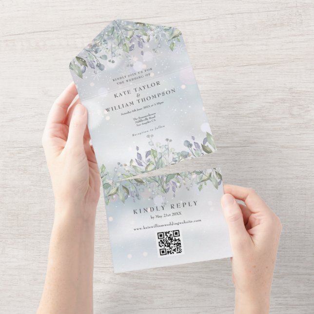 Sage Lilac Floral Monogram QR Code Winter Wedding All In One Einladung (Abreißen)