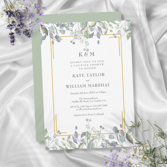 Sage Lilac Floral Monogram Wedding Couples Dusche Einladung (Sage Lilac Floral Monogram Wedding Couples Shower Invitation)
