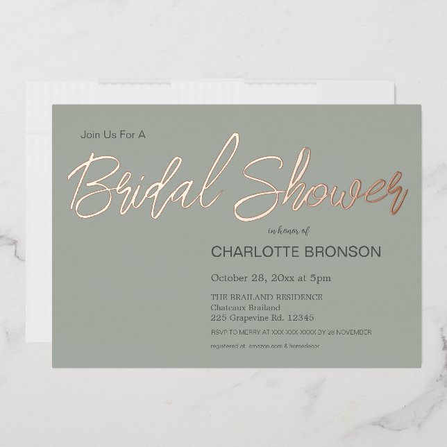 Sage Minimalistisch Script Brautparty Rose Gold Folieneinladung (Briefumschlag)