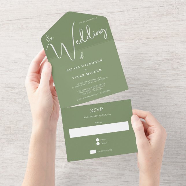 Sage Minimalistisch Wedding All In One Einladung (Abreißtisch)