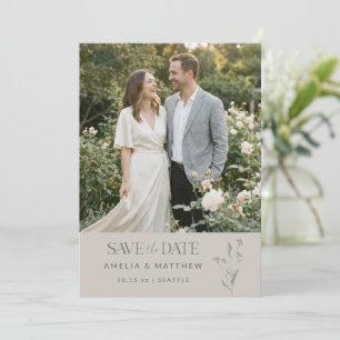 Sage Minimalistische Botanische Taupe-Foto-Hochzei Save The Date