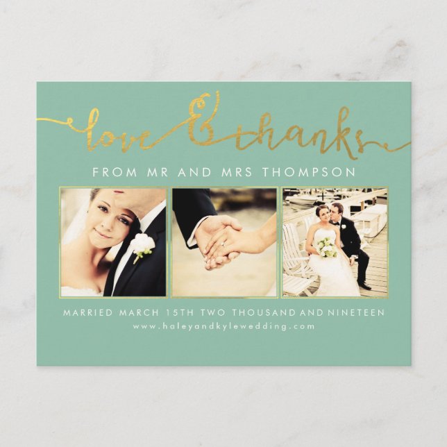Sage Mint Gold Wedding Liebe & Danke Script Foto Postkarte (Vorderseite)