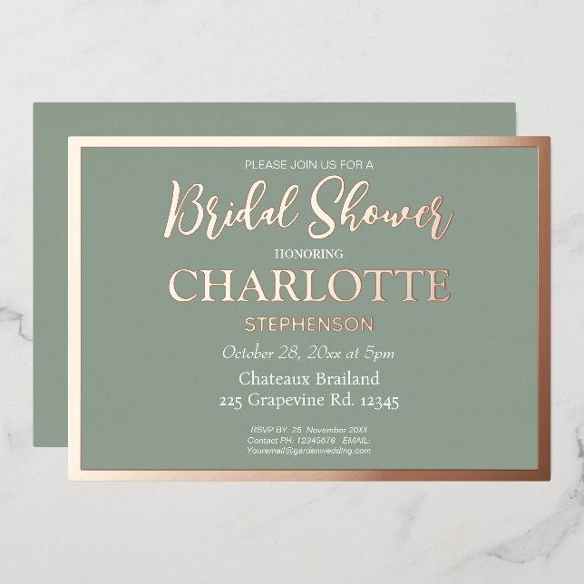 Sage Modern Classic Brautparty Rose Gold Border Folieneinladung (Vorderseite/Rückseite)