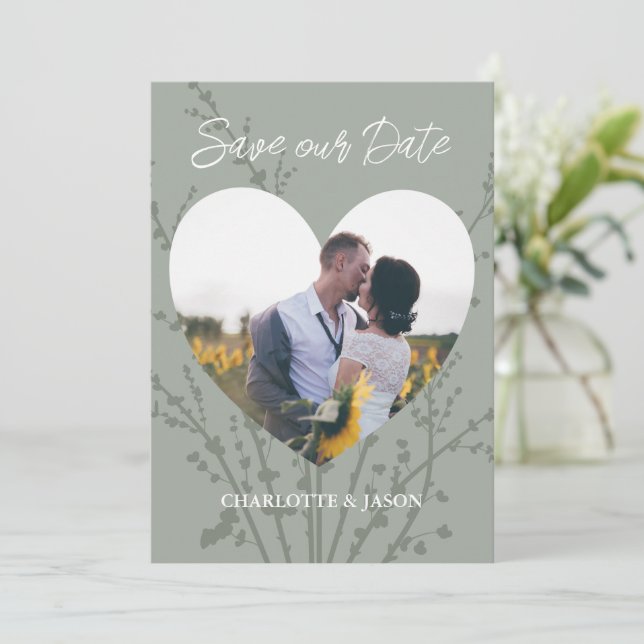 Sage Modern Foto Hörrahmen Save the Date Einladung (Stehend Vorderseite)