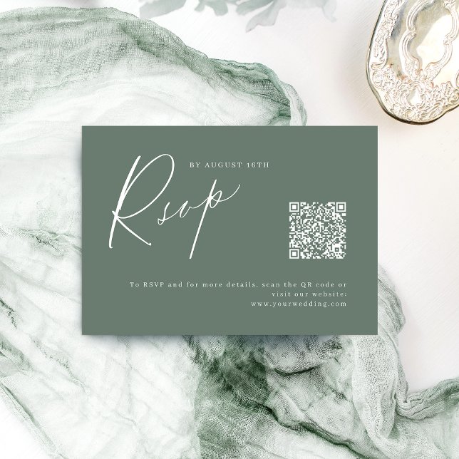 Sage moderne Skript minimalistisch Hochzeit QR-Cod RSVP Karte (Sage modern script minimalist wedding QR code RSVP Card)