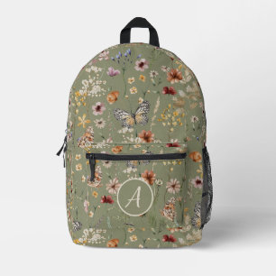 Sage Monogram Boho Butterfets Wildblumen Bedruckter Rucksack