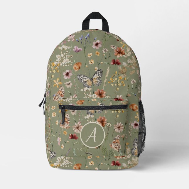 Sage Monogram Boho Butterfets Wildblumen Bedruckter Rucksack (Vorderseite)