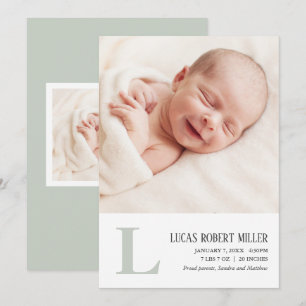 Sage Monogramme Faire-part de naissance bébé Carte