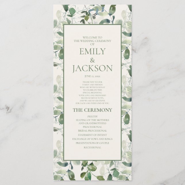 Sage Moss Green Blätter Cream Wedding Program Programm (Vorderseite)