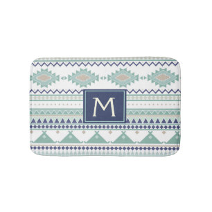 Sage & Navy Blue Monogram Native American Pattern Badematte