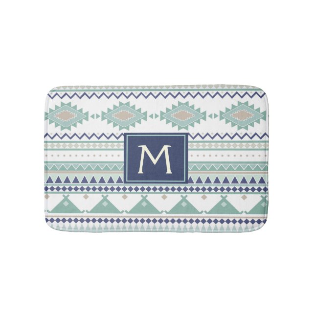 Sage & Navy Blue Monogram Native American Pattern Badematte (Vorderseite)