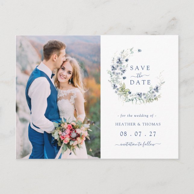 Sage Navy Botanischer Kranz Hochzeit retten die Da Ankündigungspostkarte (Vorderseite)
