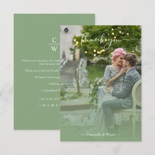 Sage Newlyweds Photo Simple Calligraphy Script Dankeskarte (Vorne/Hinten)