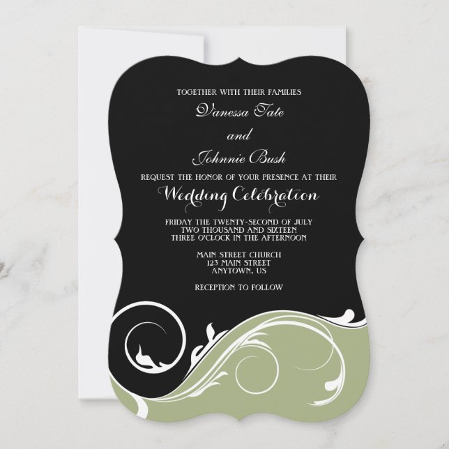 Sage Olive Black Swirl Bracket Wedites Einladung (Vorderseite)