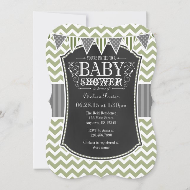 Sage Olive Chalkboard Zickzack Babydusche Einladun Einladung (Vorderseite)