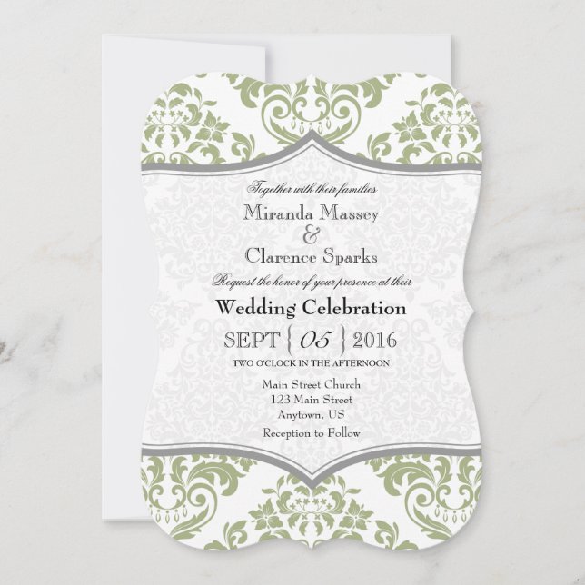 Sage Olive Gray Damask Bracket Wedite Einladung (Vorderseite)