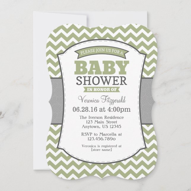 Sage Olive Gray Zickzack Babydusche Einladung (Vorderseite)