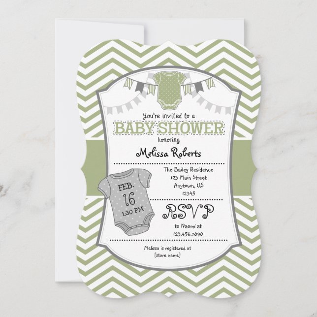 Sage Olive Gray Zickzack Babydusche Einladung (Vorderseite)
