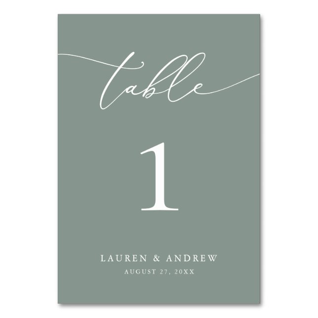 Sage Olive Green Minimalistisch Wedding | Event Cu Tischnummer (Vorderseite)