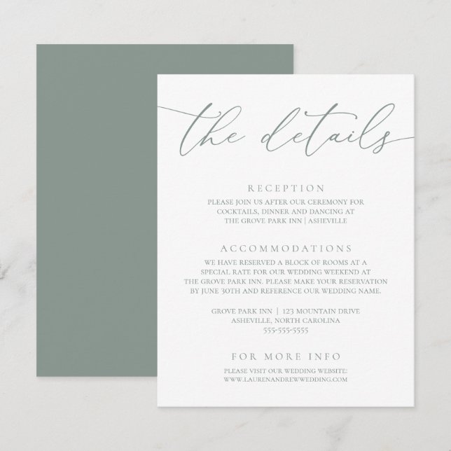 Sage Olive Green Moderne Minimalistische Hochzeit  Begleitkarte (Vorne/Hinten)