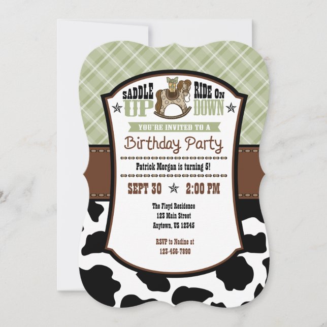 Sage Olive Kariert Cowhide Cowboy Birthday Einladu Einladung (Vorderseite)