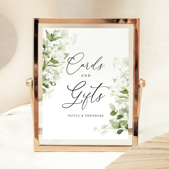 Sage Organic Greenery Cards & Gifts Wedding Table Sockelschild (Sage green cards and gifts wedding sign with organic greenery watercolor botanical florals displayed)