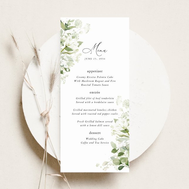 Sage Organic Greenery Wedding Reception Dinner Menükarte (Sage green organic greenery wedding dinner menu, watercolor botanical, elegant wild meadow reception)