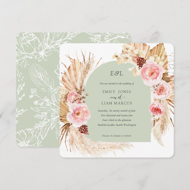 Sage Pampas Grass Boho Hochzeit am Floralen Platz Einladung (Vorne/Hinten)
