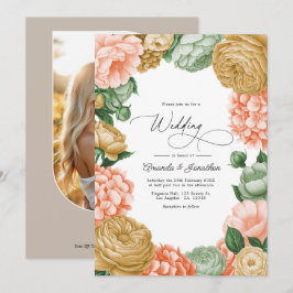 Sage, Peach & Antique Gold Floral Wedding Einladung