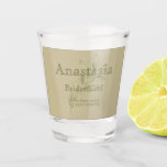 Sage Personalized Bridesmaid Shot Glass Schnapsglas<br><div class="desc">Celebrate your bridal party with this elegant personalized bridesmaid shot glass, featuring a custom name design set against a sophisticated sage green background. This stylish and meaningful keepsake makes a perfect gift for bridesmaids, maid of honor, or any special member of your wedding party. The minimalist design combines a refined...</div>
