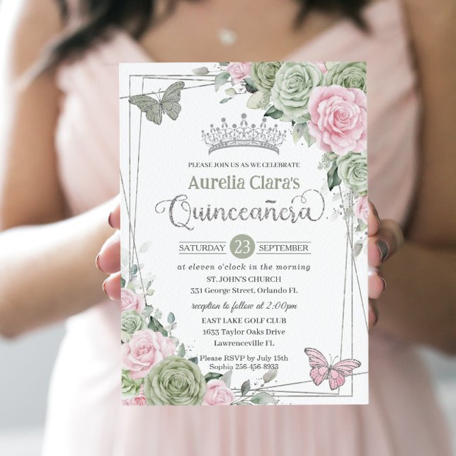Sage Pink Floral Butterfliegen Silver Quinceanera Einladung (Von Creator hochgeladen)
