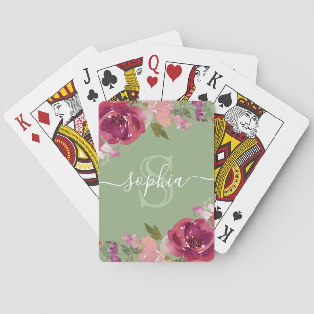 Sage Pink Floral Mit Monogramm Skriptname Spielkarten (Rückseite)