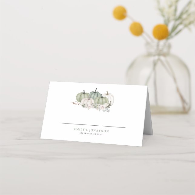 Sage Pumpkins Autumn Florals Names Date Wedding Platzkarte (Vorderseite)