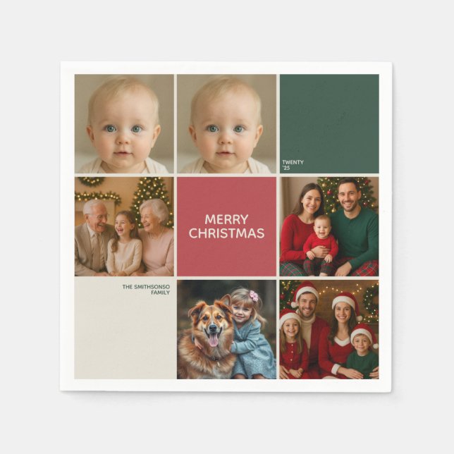 Sage RED beige Photos collage Christmas new year Serviette (Vorderseite)