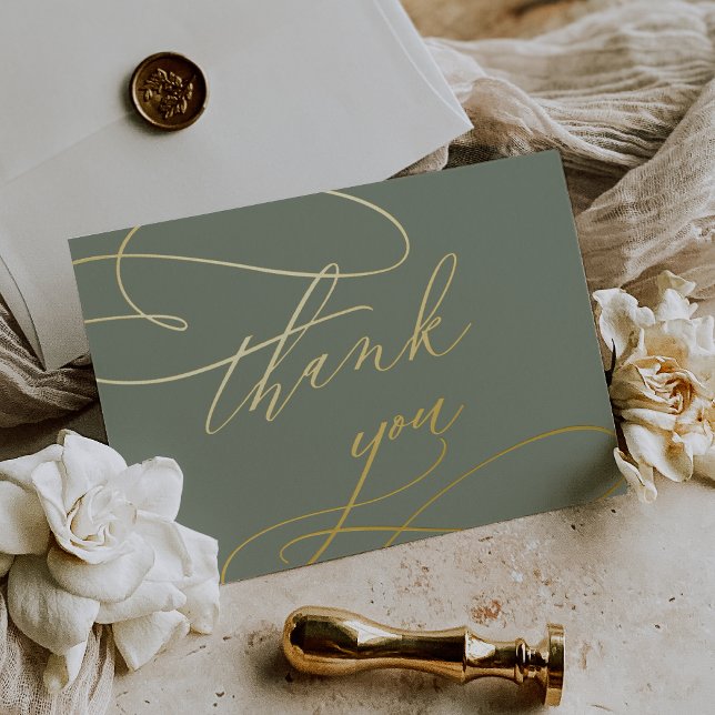 Sage romantique Carte de remerciements vert et or  (Romantic Sage Green and Gold Foil Thank You Card)