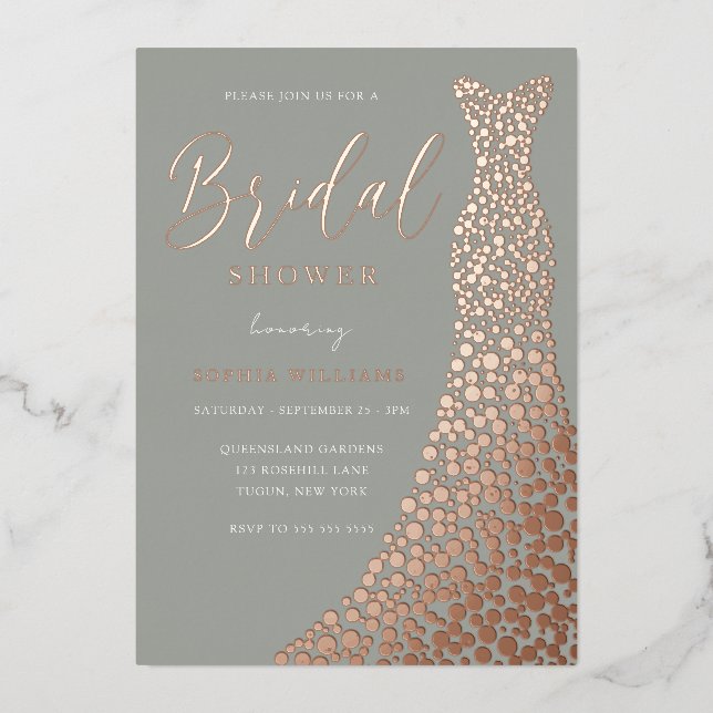 Sage & Rose Gold Gown Bridal Shower Folieneinladung (Vorderseite)