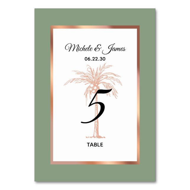 Sage Rose Gold Kupfer Palme Tree Moderne Hochzeit Tischnummer (Vorderseite)