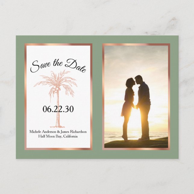 Sage Rose Gold Palm Wedding Save the Date Foto Ankündigungspostkarte (Vorderseite)
